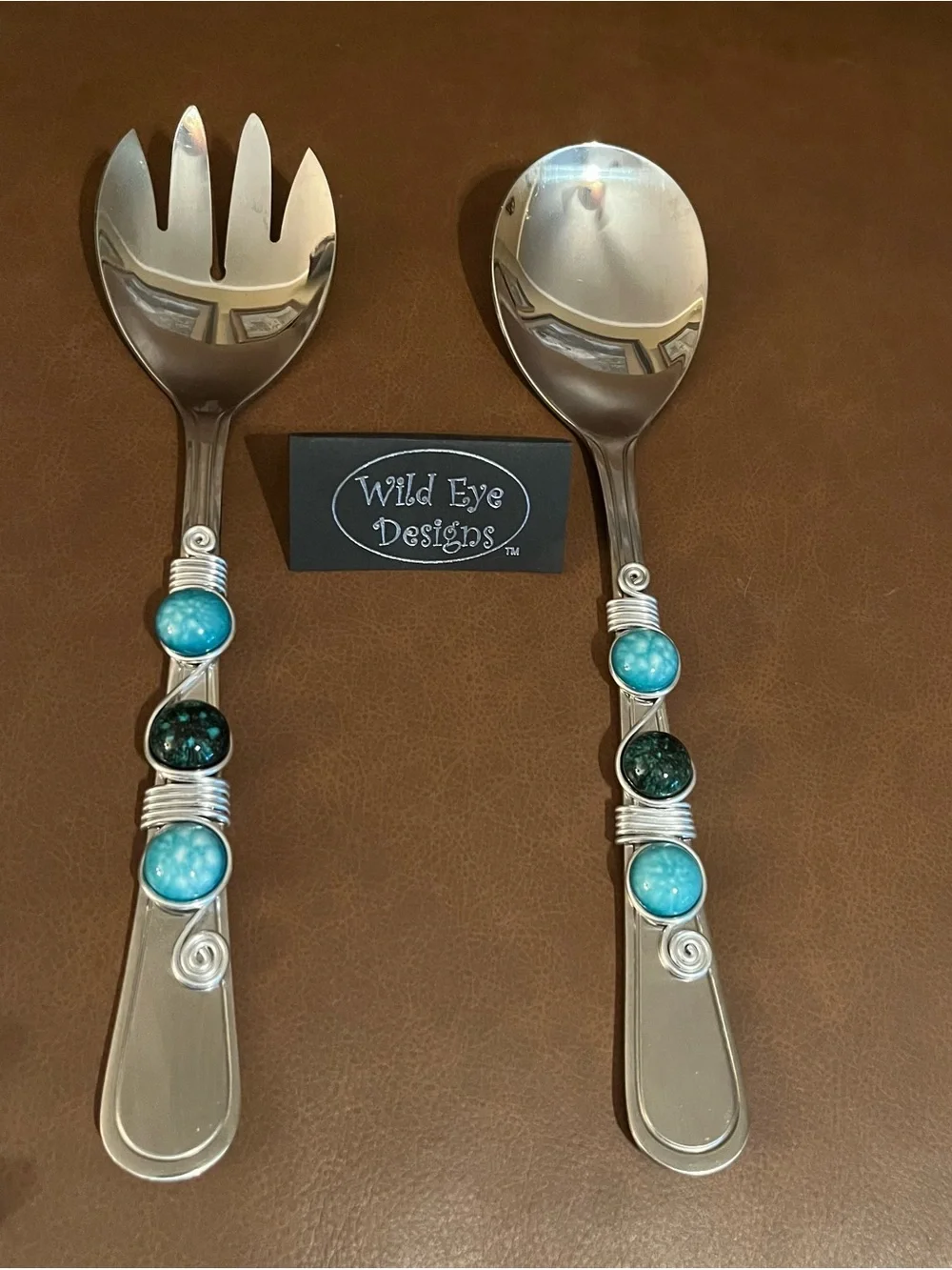 Wild Eye Designs Stainless Salad Servers Spoon and Fork w/ Blue Gem Stones